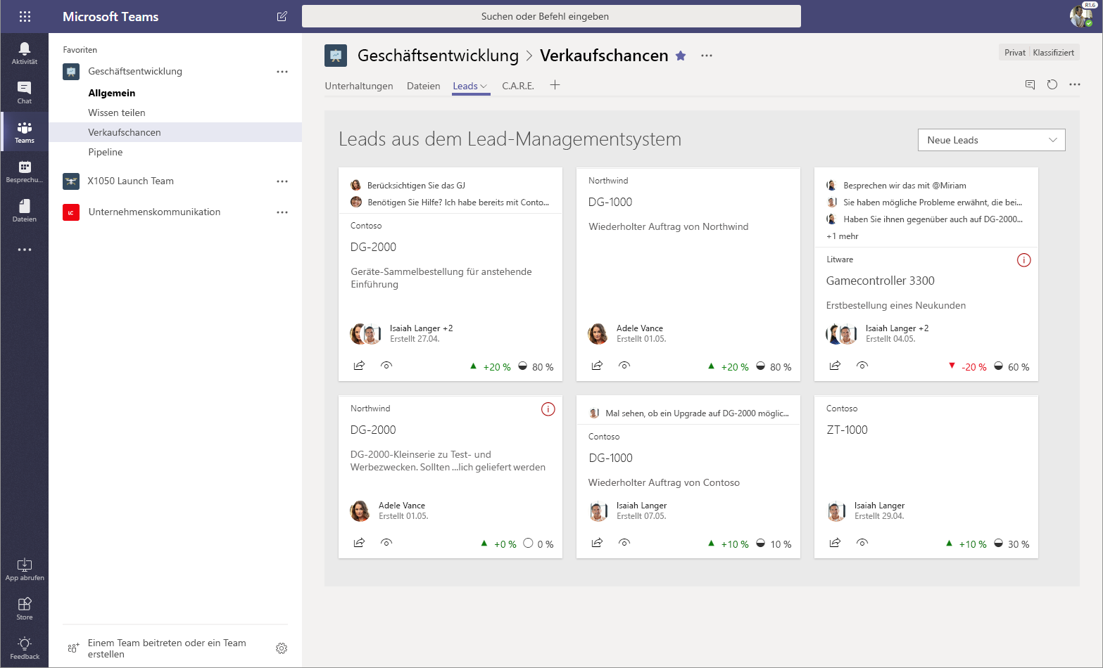 Abbildung eines SharePoint-Framework-Webparts für ein benutzerdefiniertes Leadmanagementsystem in Microsoft Teams