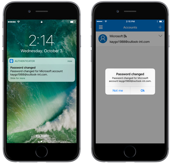 Image of two phones showing a password being changed in Microsoft Authenticator.