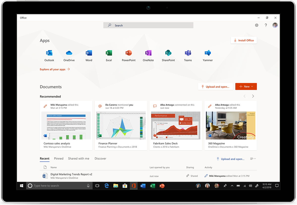 Image of a tablet showing new Office apps for Windows 10.