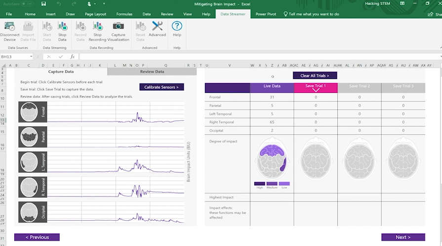 Screenshot of a brain impact workbook using Data Streamer in Excel