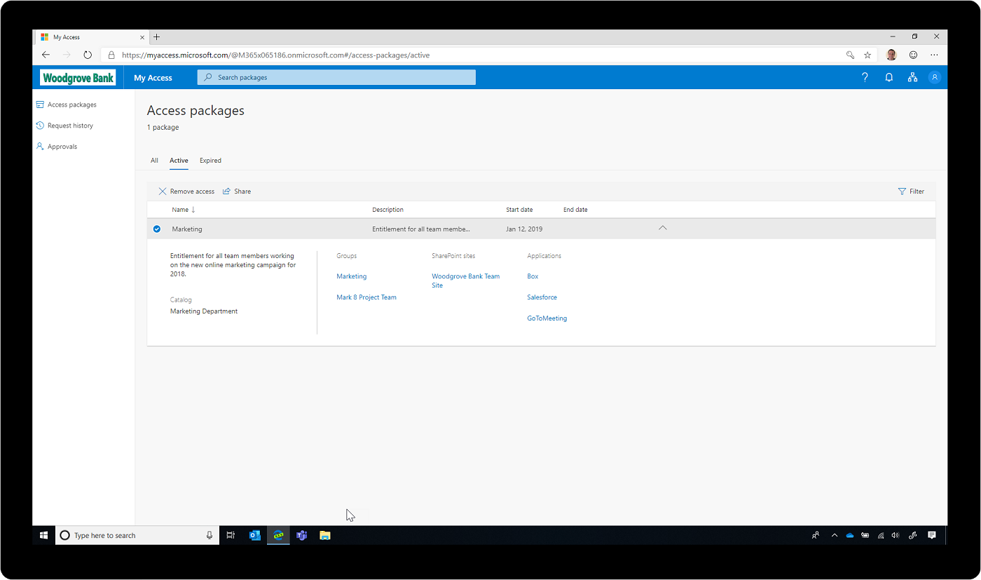 Screenshot of access packages in Azure Active Directory.