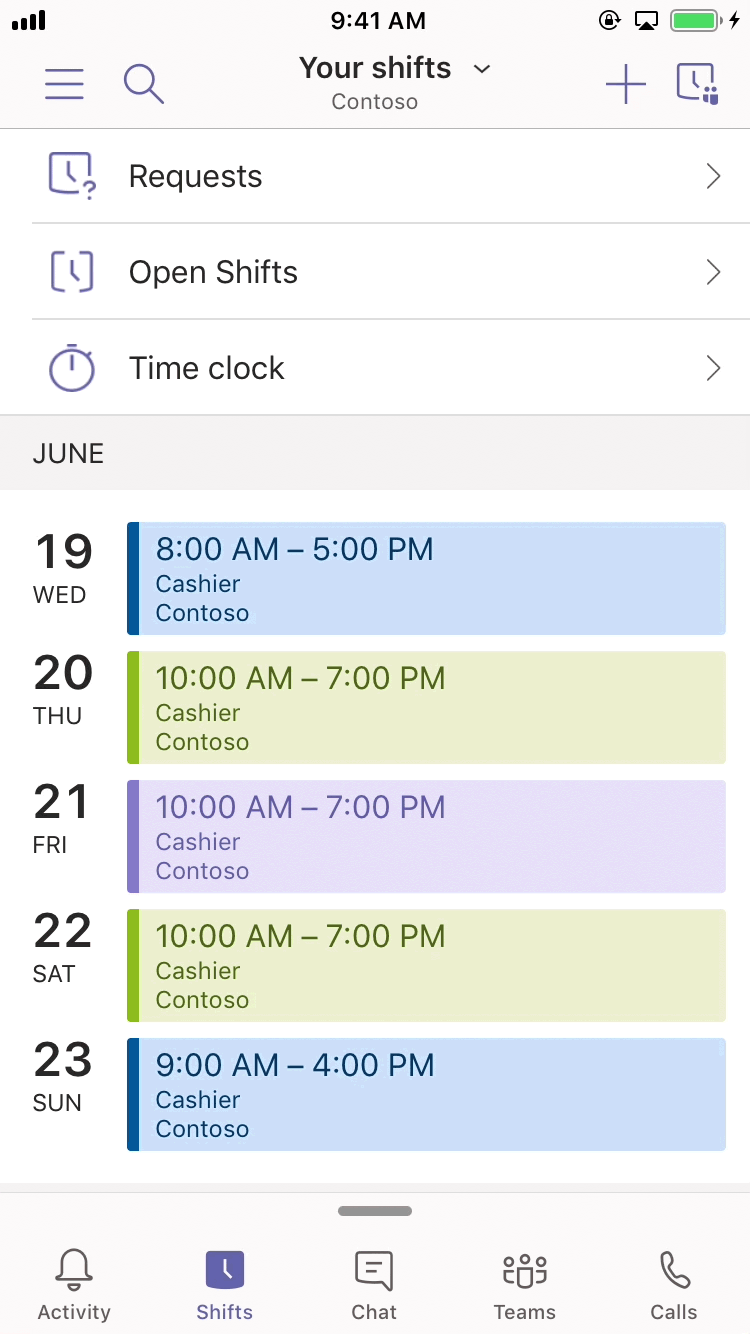 Animated screenshot of Time Clock in the Teams mobile experience. A user has checked into their shift.
