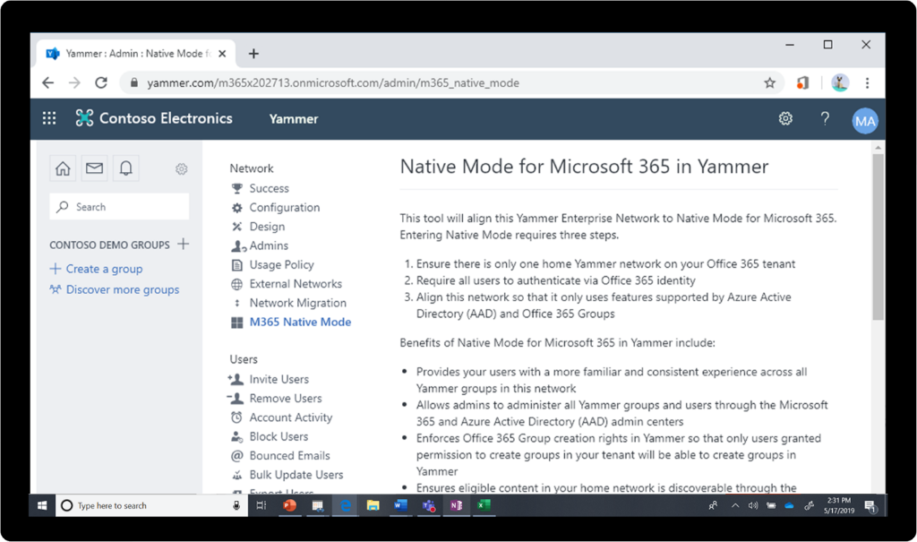 Image of Microsoft 365 Native Mode enabled in Yammer.