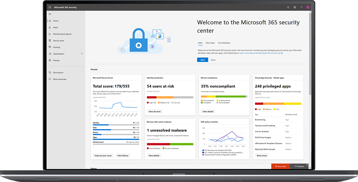 Image of the Microsoft 365 security center dashboard.
