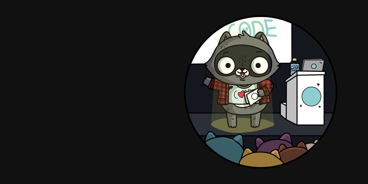 Illustration of Bit the raccoon presenting