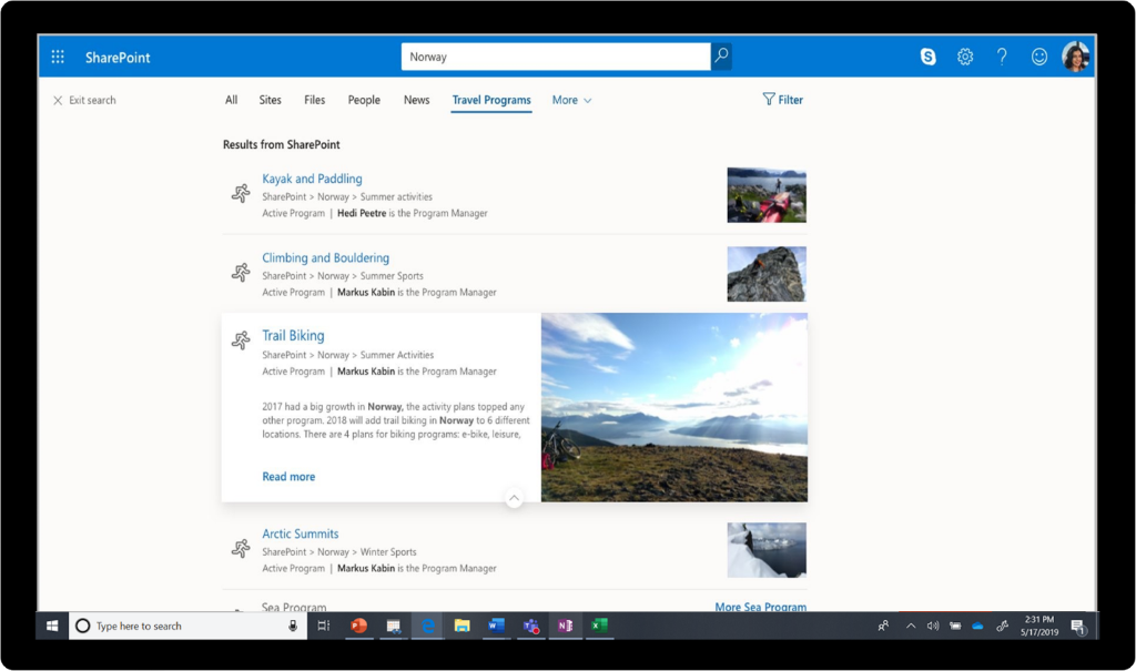 Search used to look up "Norway" in SharePoint.