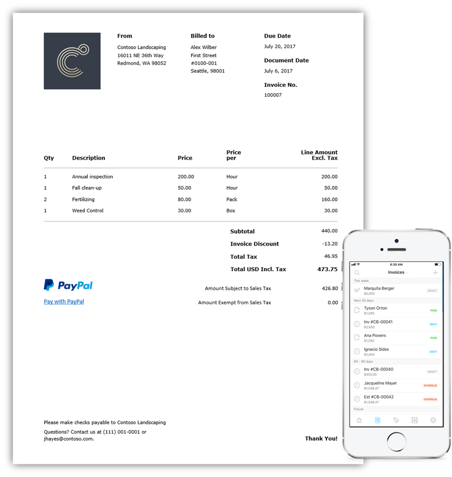 Images showing the Invoicing app opened and displaying an invoice. A mobile device, showing the list of invoices and the status is also displayed.