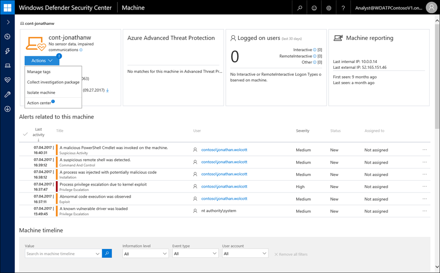 Image of the Windows Defender Advanced Threat Protection dashboard showing security alerts on a machine.