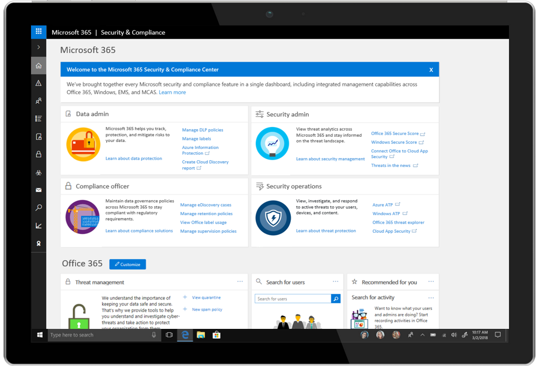 Afbeelding van een tablet met het Microsoft 365 Security & Compliance Center.