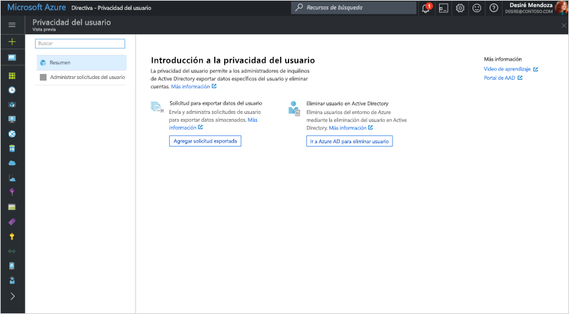 Captura de pantalla de la pantalla "Introducción a la privacidad de los usuarios" en Azure Active Directory.