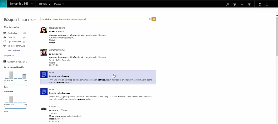 Captura de pantalla en la que se muestra la capacidad de búsqueda por relevancia en Dynamics 365.
