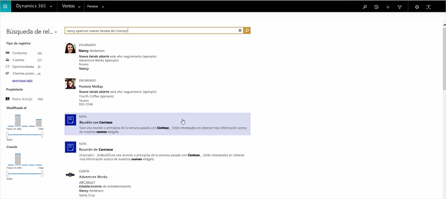 Captura de pantalla en la que se muestra la capacidad de búsqueda por relevancia en Dynamics 365.