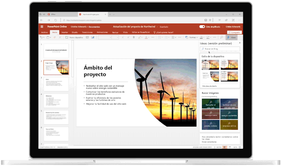 Imagen animada que muestra un portátil abierto en el que se está usando Ideas en PowerPoint.