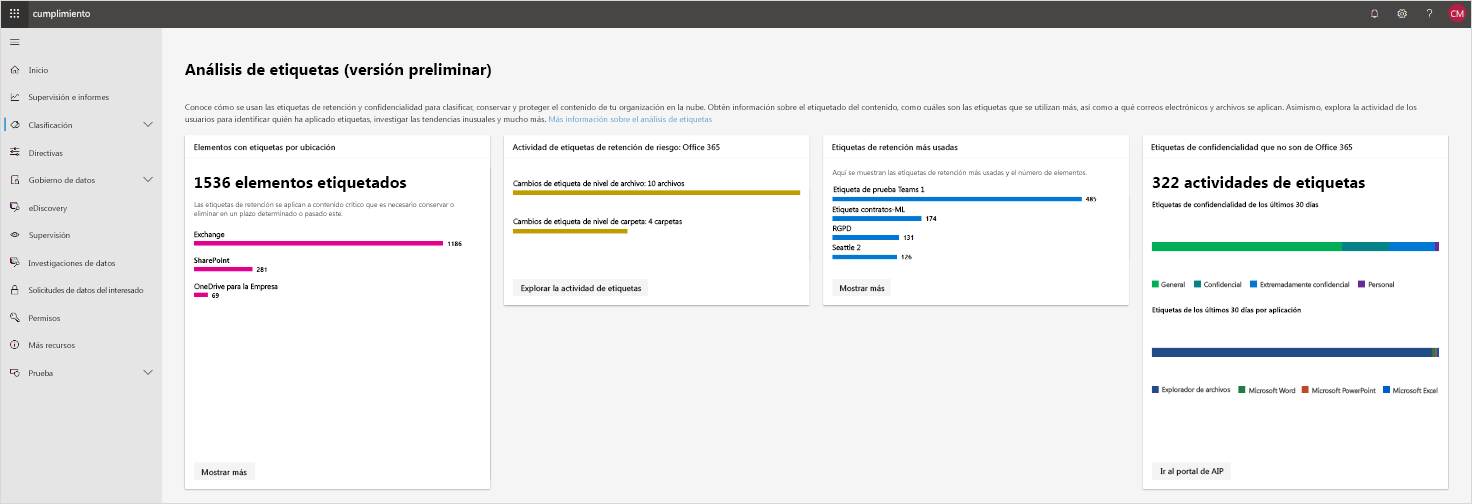 Captura de pantalla del análisis de etiquetas en el Centro de cumplimiento de Microsoft 365. El análisis de etiquetas está actualmente en versión preliminar.