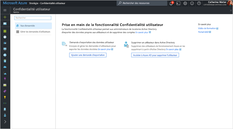 Capture de l’écran « Prise en main de la Confidentialité de l’utilisateur » dans Azure Directory.