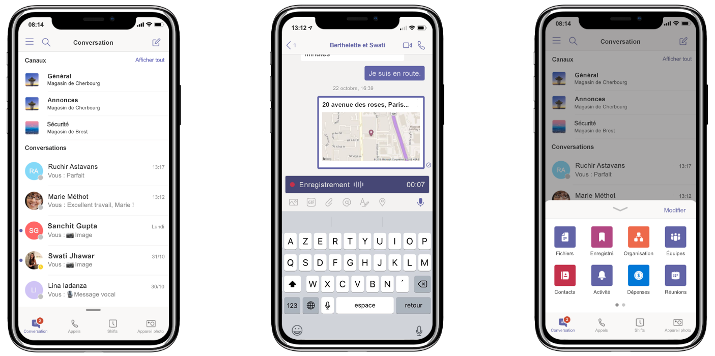 Trois iPhones affichant les nouvelles fonctionnalités Teams : un seul emplacement pour toutes les conversations (gauche), partage d’emplacement et enregistrement de messages audio (centre), et personnalisation du menu de navigation (droite)