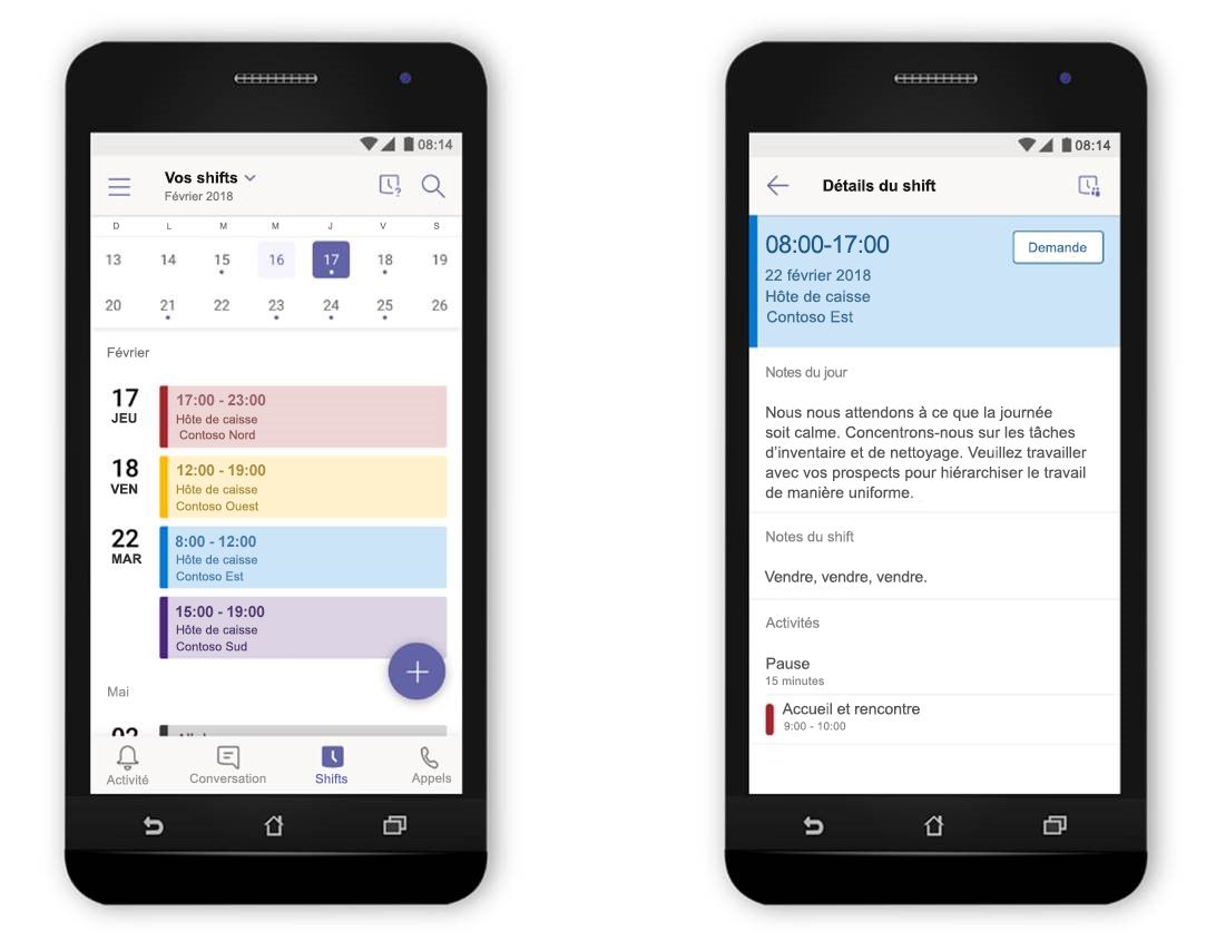 Image de deux smartphones côte à côte montrant la fonctionnalité Shifts dans Microsoft Teams.