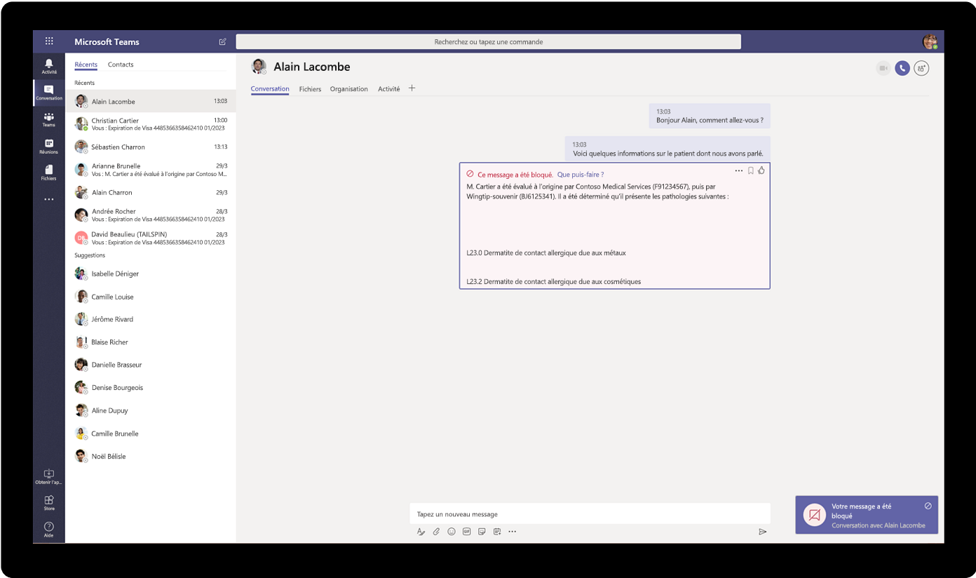 Capture d’écran d’un message bloqué dans Microsoft Teams.