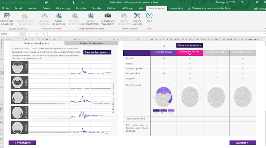Capture d’écran d’un classeur relatif à l’impact sur le cerveau mesuré à l’aide de Microsoft Data Streamer pour Excel