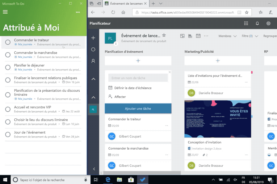 Capture d’écran de l’intégration des applications Microsoft To-Do et Planificateur.