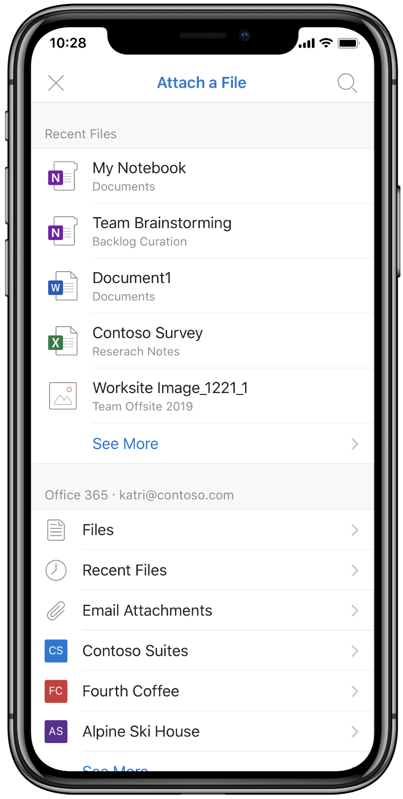 Capture d’écran de fichiers joints dans Outlook pour iOS.