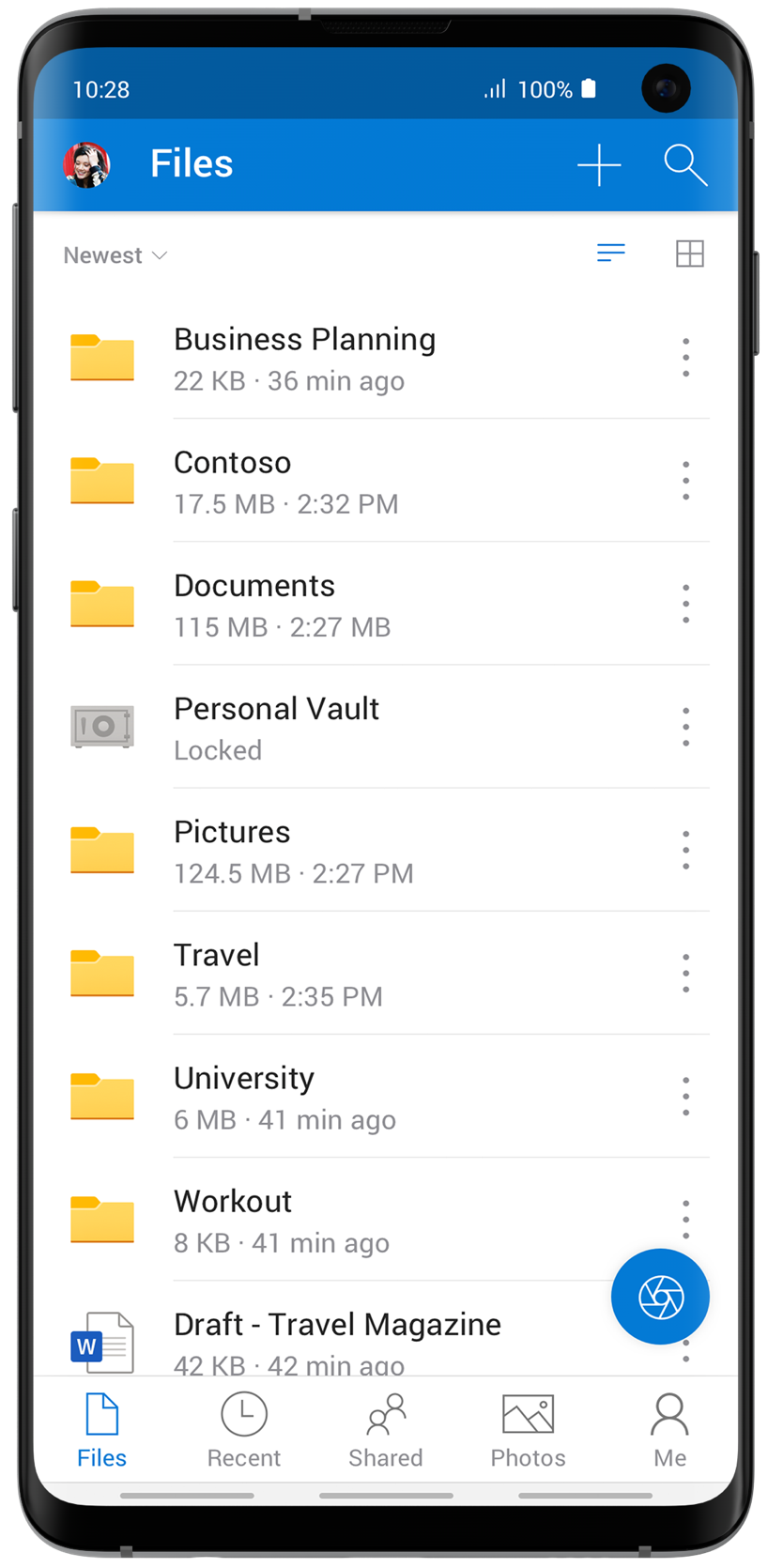 Image de fichiers stockés dans un coffre personnel OneDrive, affichée sur un appareil mobile.