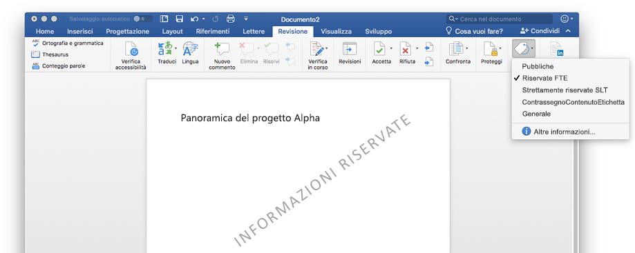 Screenshot di un documento riservato visualizzato in Word, con relativa filigrana.