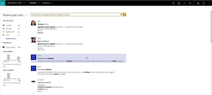 Screenshot della funzionalità di ricerca per pertinenza di Dynamics 365.