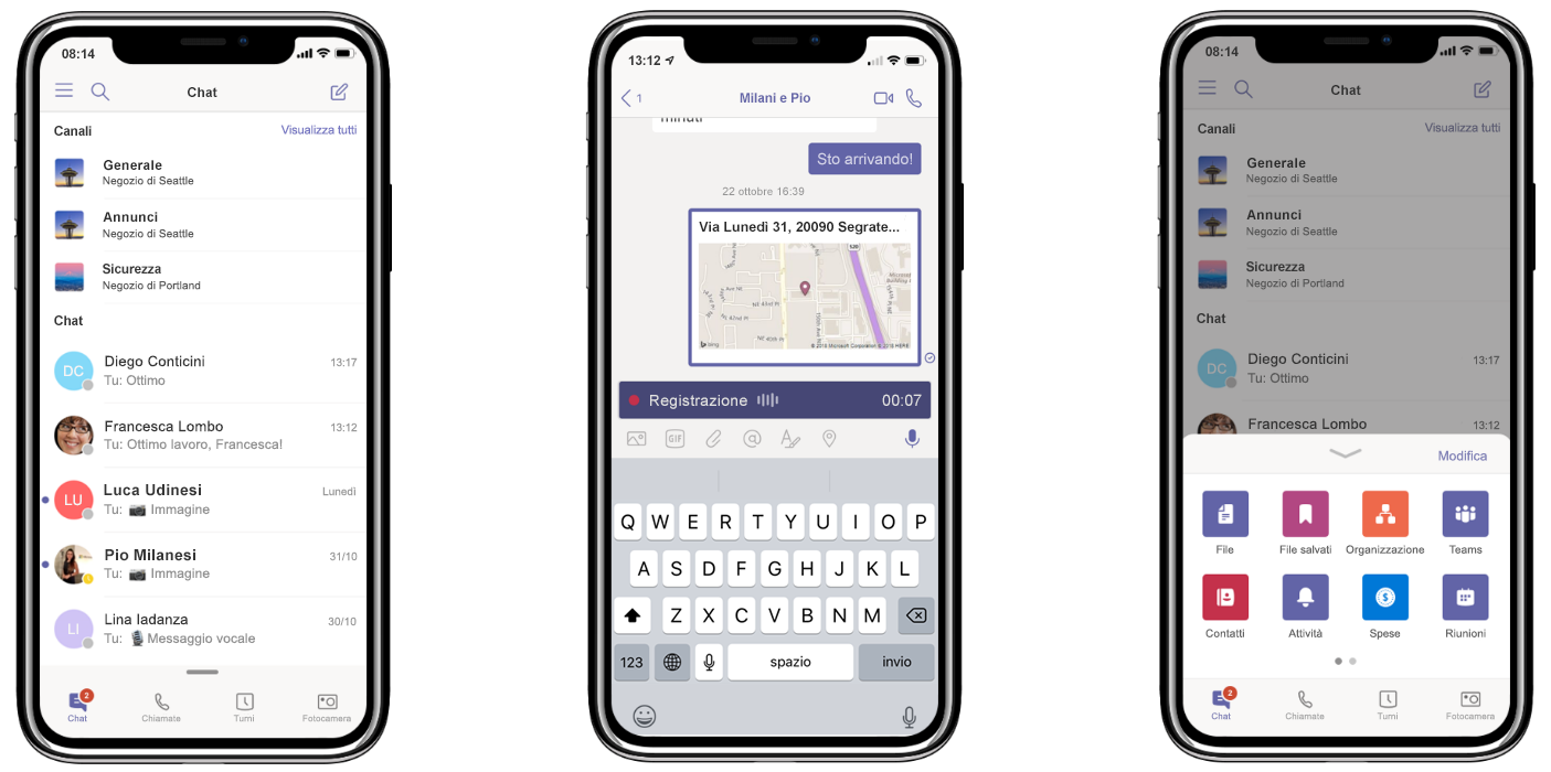 Tre iPhone che mostrano la nuova funzionalità Teams: tutte le conversazioni in un unico posto (a sinistra), condivisione della posizione e registrazione di messaggi audio (al centro) e personalizzazione del menu di spostamento (a destra)