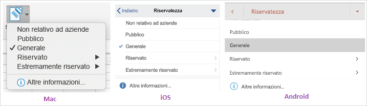 Screenshot del menu a discesa relativo alla riservatezza dei dati mostrato su Mac, iOS e Android.