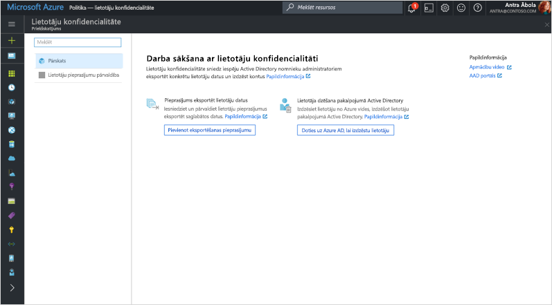 Ekrānuzņēmums, kurā parādīts Azure Directory ekrāns “Darba sākšana ar lietotāju privātumu”.
