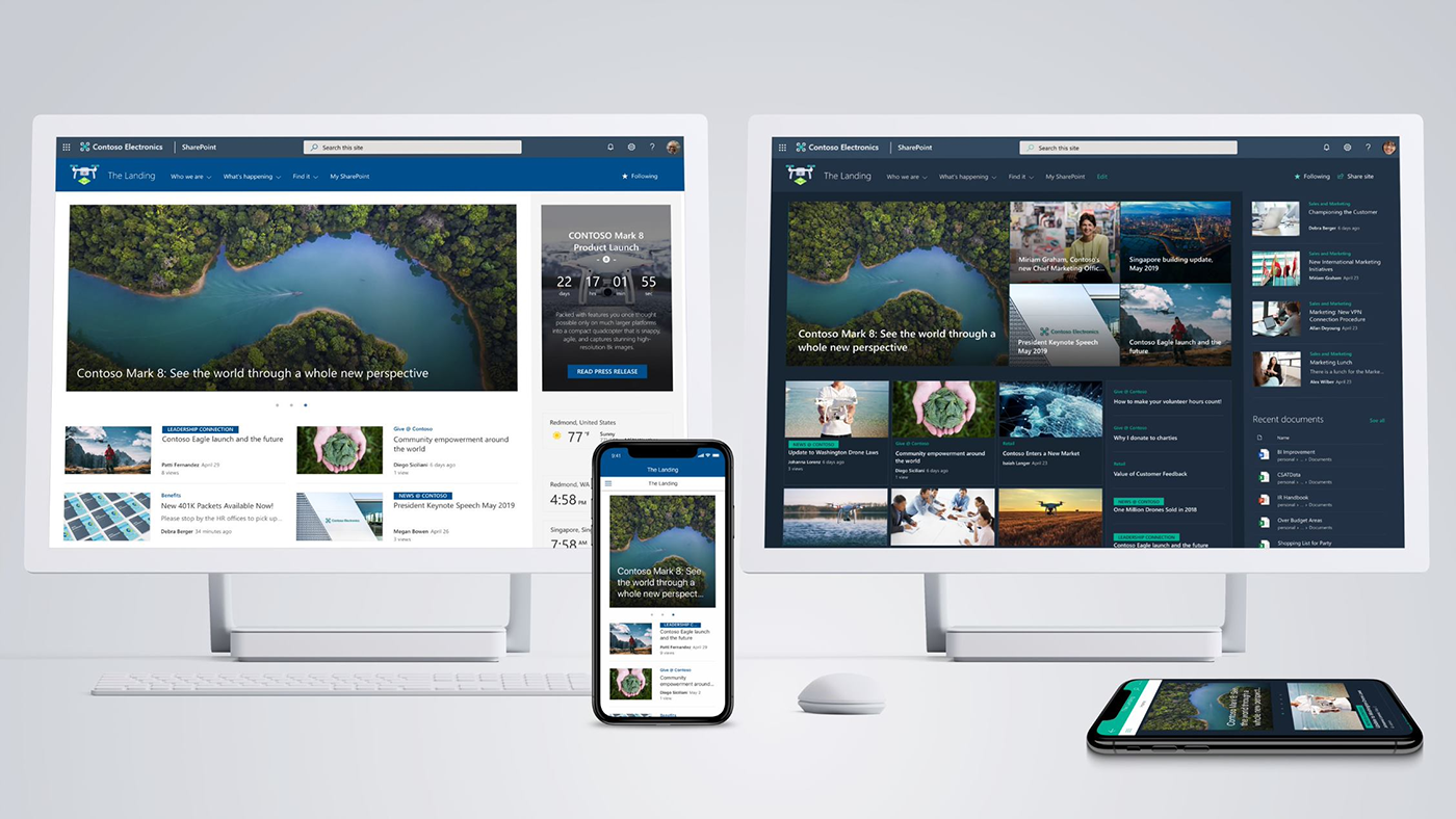Imagen de varios dispositivos mostrando sitios principales de SharePoint, que proporcionan una experiencia dinámica, atractiva y personalizada para los empleados de las organizaciones.
