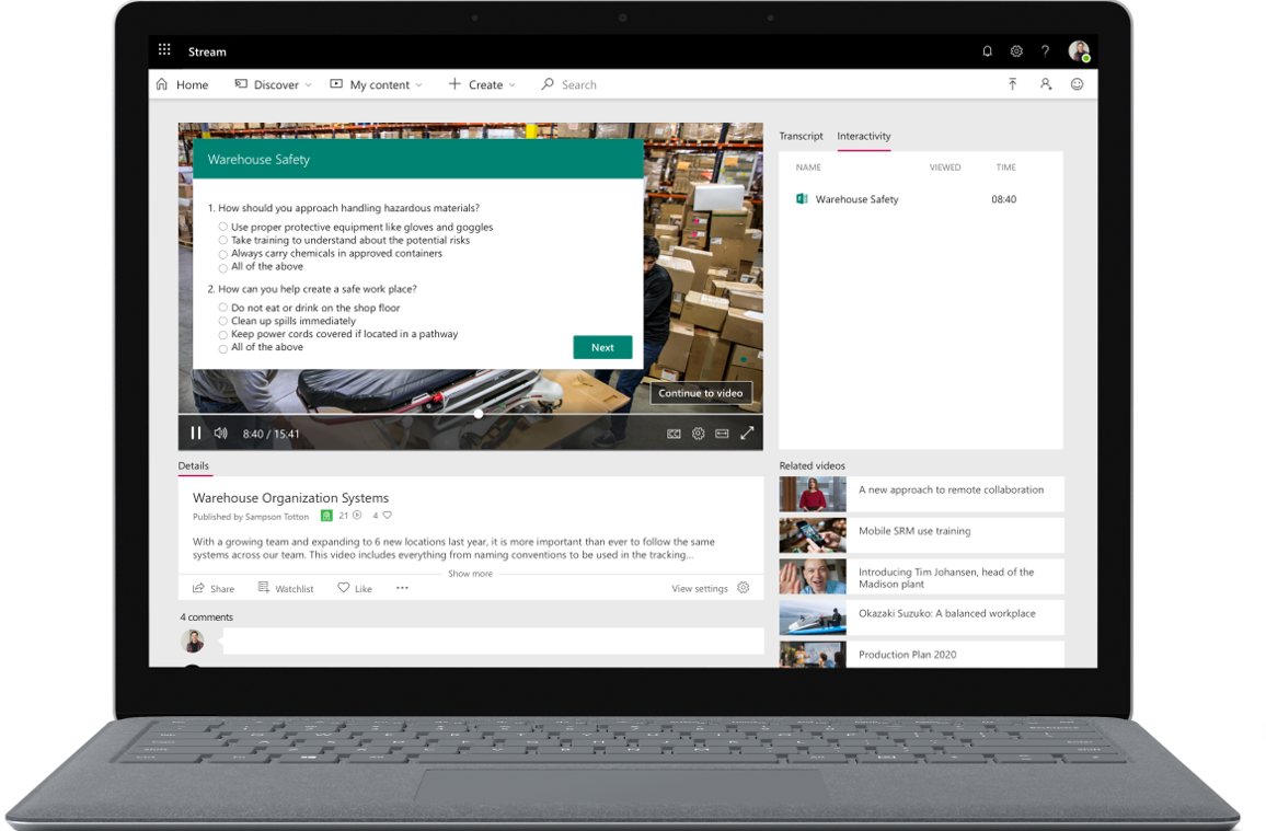 Imagen de una portátil abierta con un sondeo de Microsoft Stream en la pantalla.