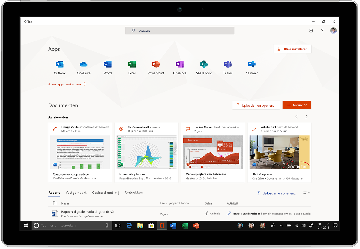 Afbeelding van een tablet met daarop de nieuwe Office-apps voor Windows 10.