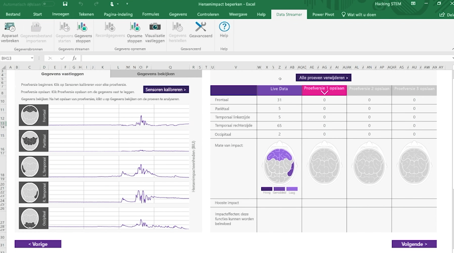 Schermafbeelding van een werkboek over de impact op hersenen met Data Streamer in Excel