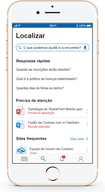 Uma imagem mostra um dispositivo móvel usando o aplicativo móvel do SharePoint.