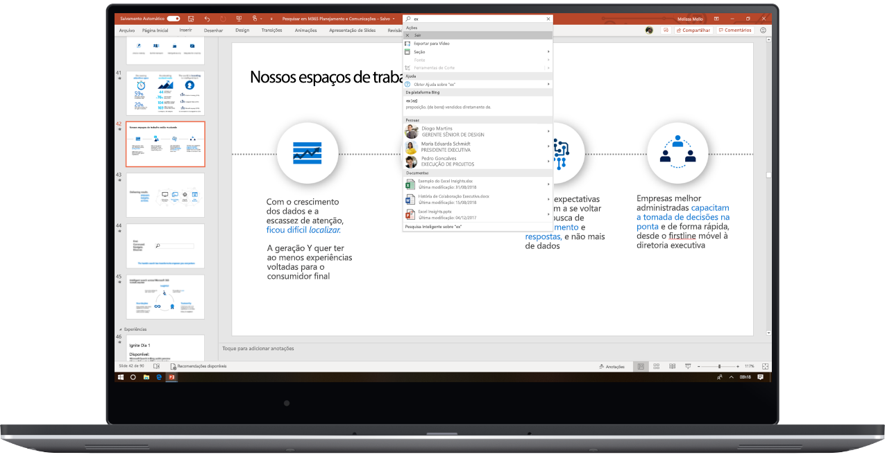 Uma imagem mostra um laptop aberto com uma apresentação do PowerPoint em que o usuário está usando a Pesquisa da Microsoft.