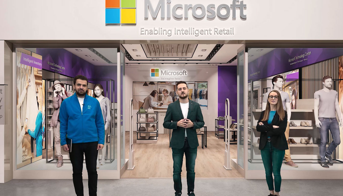 Microsoft Sanal Mağazasının önünde duran üç kişi
