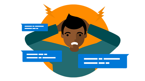 Graphic of person holding their head, surrounded by messages