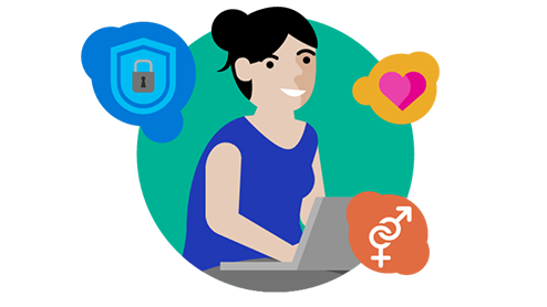 Graphic of a woman at a laptop