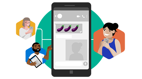 Graphic of a cell phone with a picture of a person and people on either side