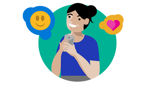 Graphic of a person holding a device and surrounded by emoji