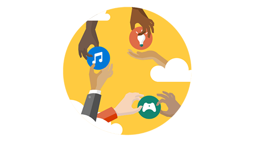 Graphic of hands, holding icons