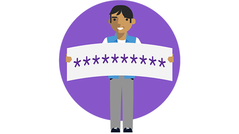 Graphic of person holding banner with symbols