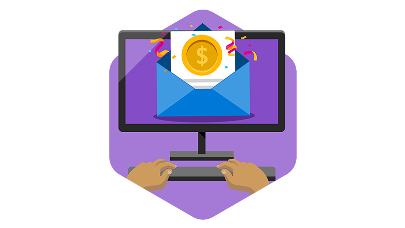Graphic of a computer screen and an envelope with money
