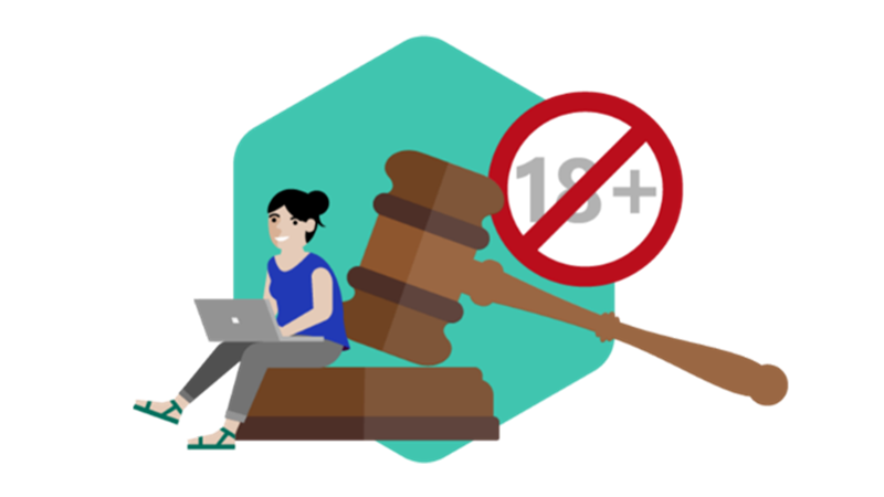 Graphic of a person working on a computer and a judge's hammer