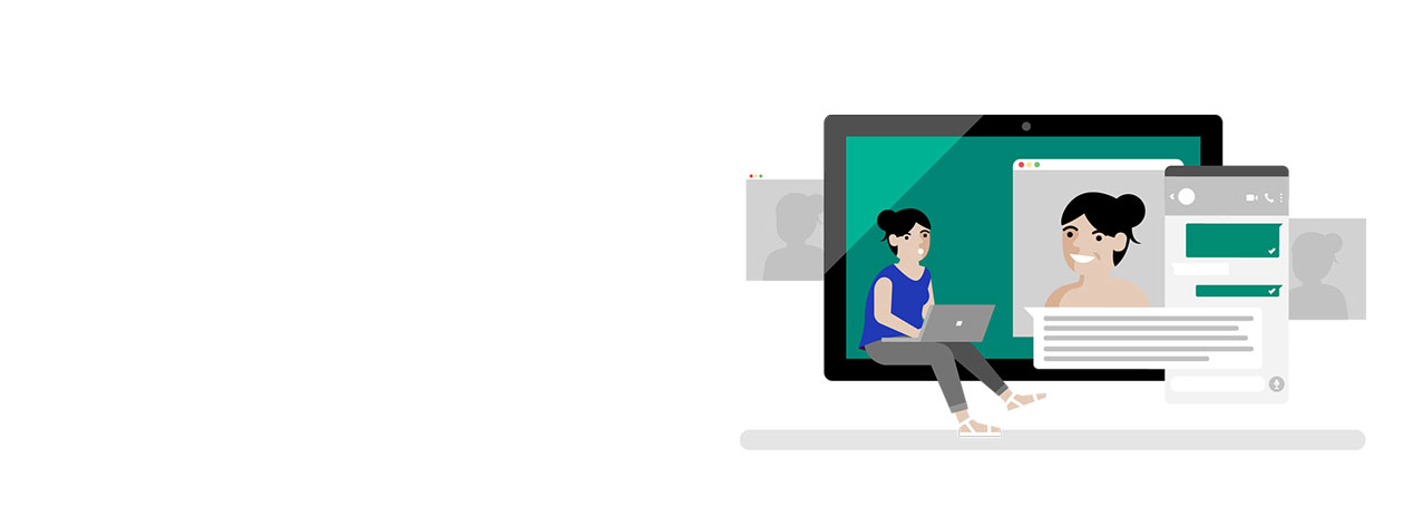 Graphic of a woman seated in screen, sending messages