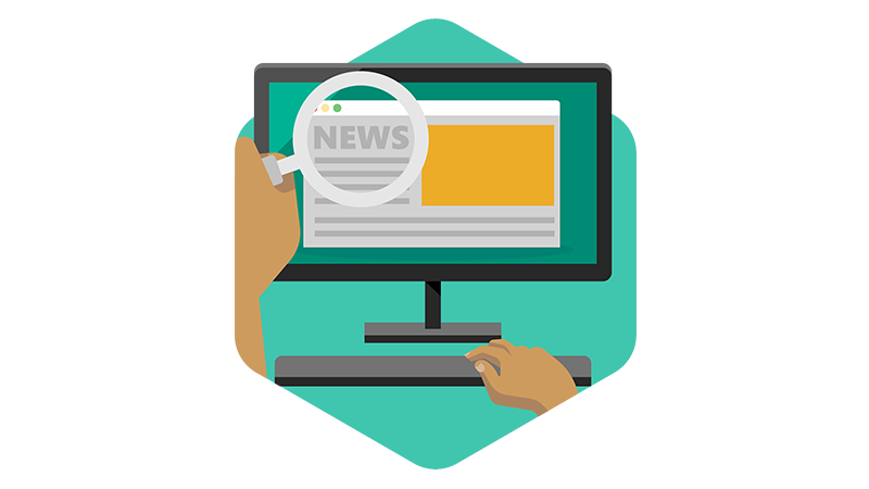 Graphic of a computer screen showing a newspaper and magnifying glass