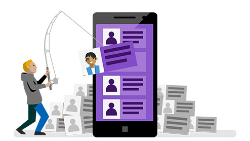 Guhit ng tao na may hawak na bingwit, nangunguha ng imahen sa isang mobile device