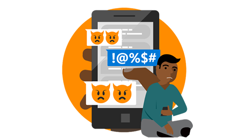 Guhit ng tao na nakasalampak sa harap ng mobile device na may mga mensaheng nagagalit